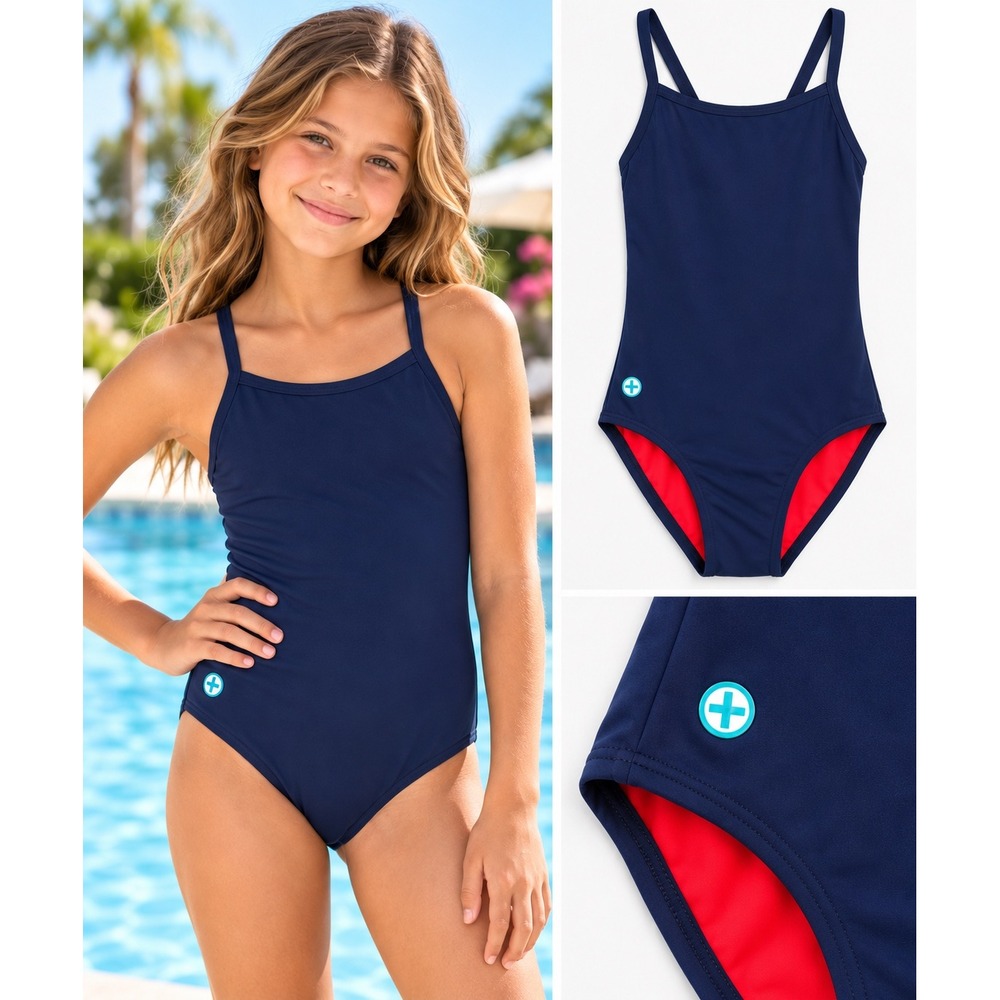Watermen Girls One Piece Swimsuit Navy Blue Chlorine Block Polyester Sporty 30